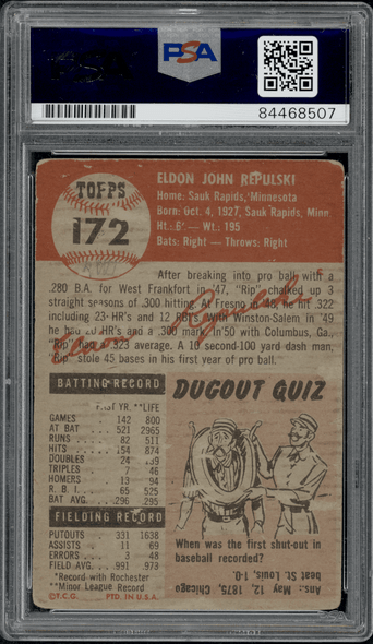 1953 Topps Rip Repulski #172 PSA Authentic Auto back of card