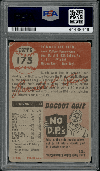 1953 Topps Ron Kline #175 PSA Authentic Auto back of card