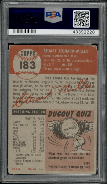 1953 Topps Stu Miller #183 PSA Authentic Auto back of card