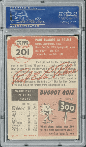 1953 Topps Paul LaPalme #201 PSA Authentic Auto back of card