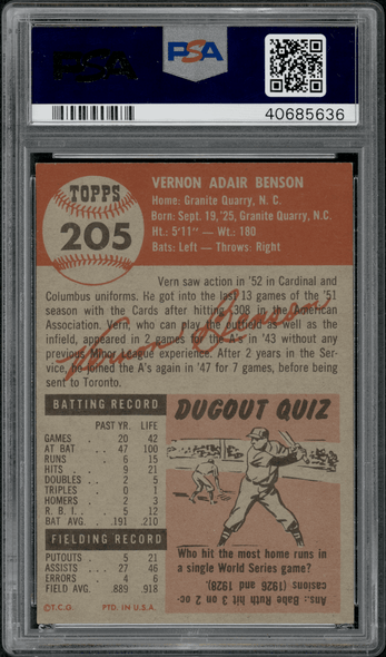 1953 Topps Vern Benson #205 PSA 6 back of card