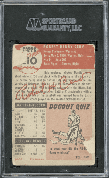 1953 Topps Bob Cerv #210 SGC Authentic Auto back of card