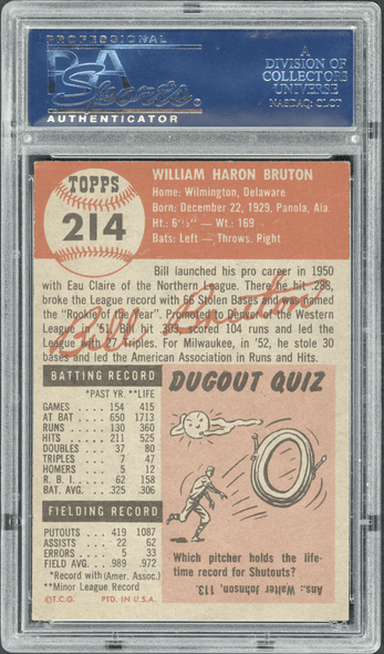 1953 Topps Bill Bruton #214 PSA 5 back of card