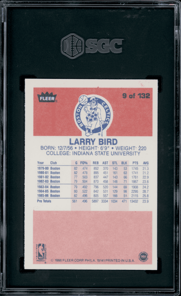 1986 Fleer Larry Bird #9 SGC 9 back of card