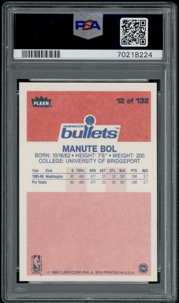 1986 Fleer Manute Bol #12 PSA 8 back of card