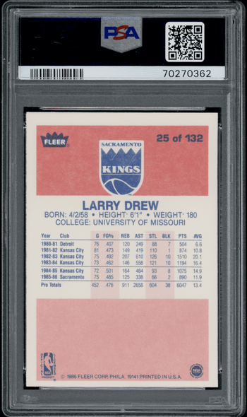 1986 Fleer Larry Drew #25 PSA 8 back of card