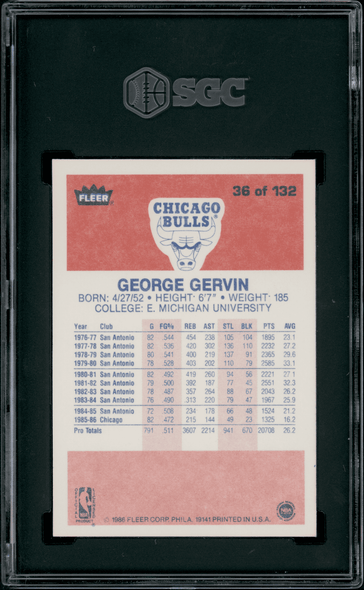 1986 Fleer George Gervin #36 SGC 9 back of card