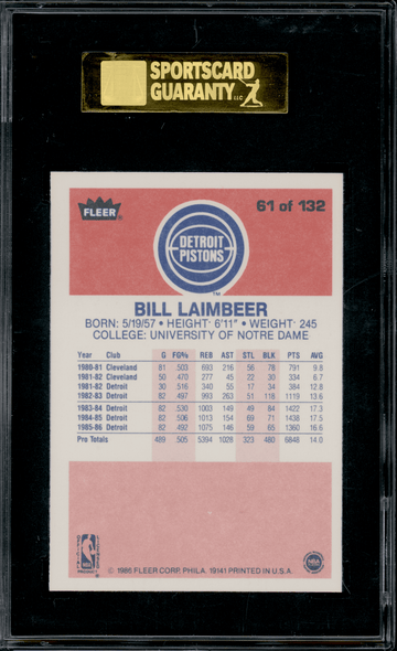1986 Fleer Bill Laimbeer #61 SGC 9 back of card