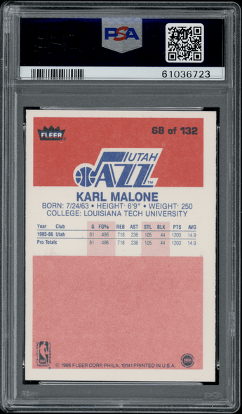 1986 Fleer Karl Malone #68 PSA 8 back of card