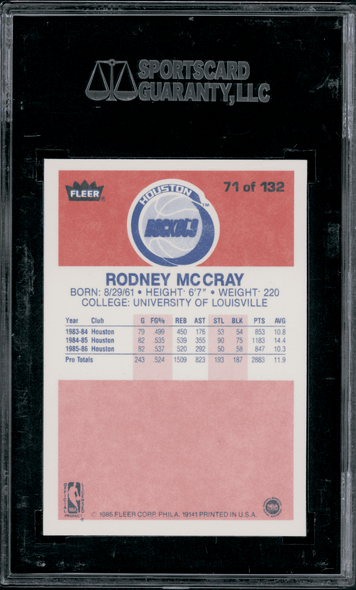 1986 Fleer Rodney McCray #71 SGC 8.5 back of card