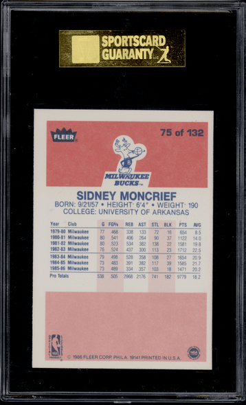 1986 Fleer Sidney Moncrief #75 SGC 8.5 back of card