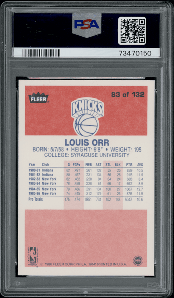 1986 Fleer Louis Orr #83 PSA 8 back of card