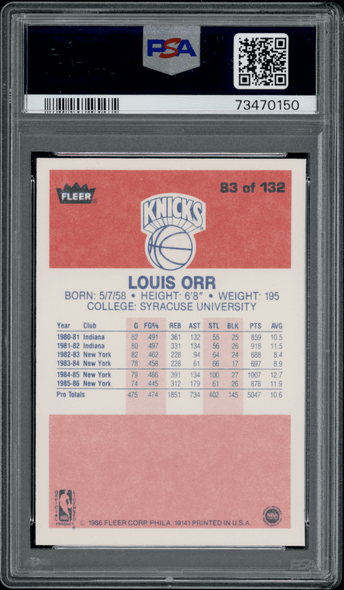 1986 Fleer Louis Orr #83 PSA 8 back of card