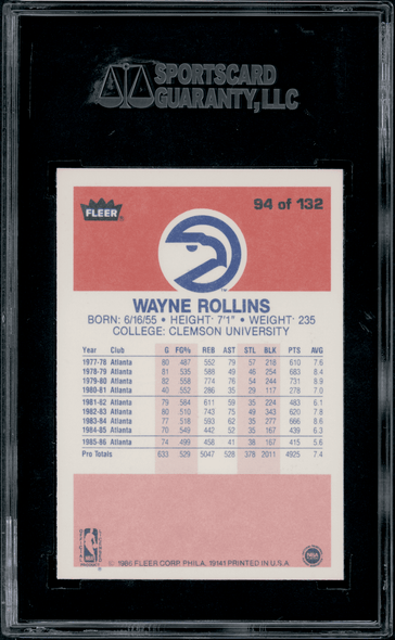 1986 Fleer Tree Rollins #94 SGC 8 back of card