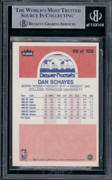 1986 Fleer Danny Schayes #98 BVG Authentic Auto back of card