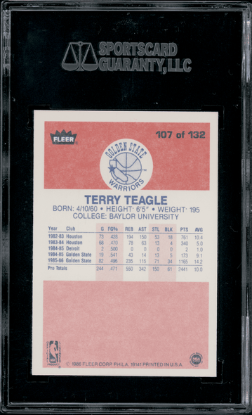 1986 Fleer Terry Teagle #107 SGC 8 back of card