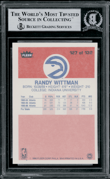 1986 Fleer Randy Wittman #127 BVG Authentic Auto back of card