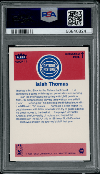 1986 Fleer Isiah Thomas #Sticker - 10 PSA 8 back of card