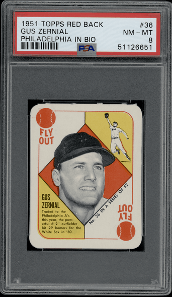 1951 Topps Gus Zernial Philadelphia In Bio #36 Red Back PSA 8 front of card