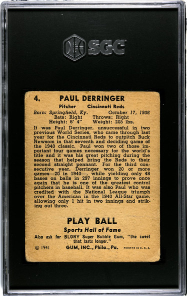 1941 Play Ball Duke Derringer #4 SGC 1.5 back of card