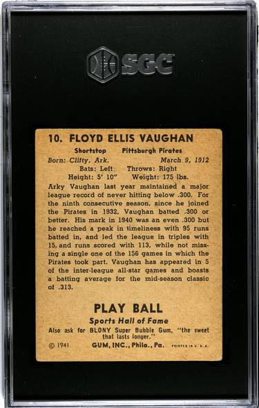 1941 Play Ball Arky Vaughan #10 SGC 4 back of card