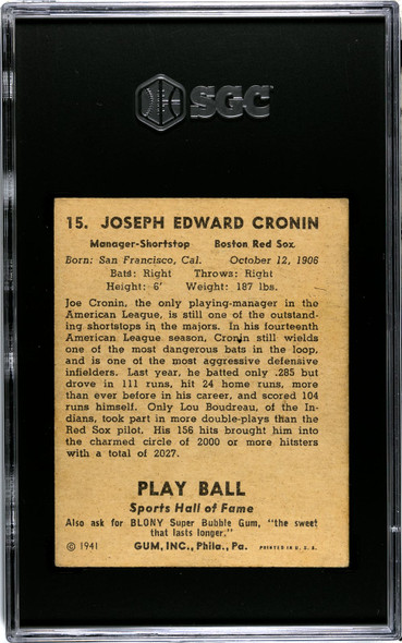 1941 Play Ball Joe Cronin #15 SGC 4 back of card