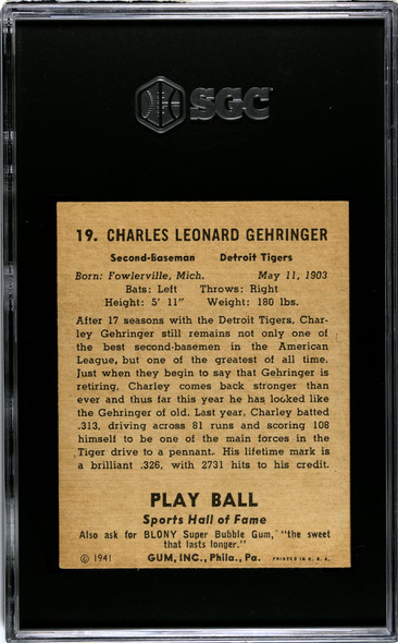 1941 Play Ball Charley Gehringer #19 SGC 5 back of card