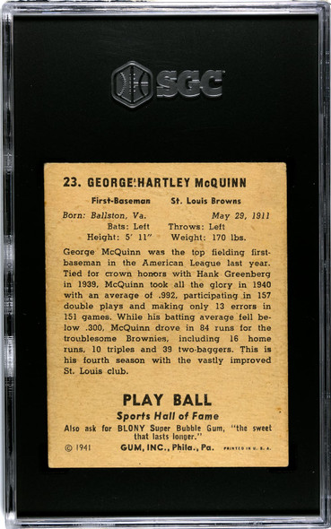 1941 Play Ball Mac McQuinn #23 SGC 4.5 back of card