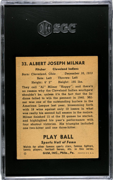 1941 Play Ball Happy Milnar #33 SGC 4 back of card