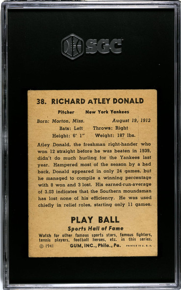 1941 Play Ball Atley Donald #38 SGC A back of card