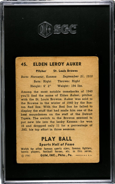 1941 Play Ball Elden Auker #45 SGC 3.5 back of card