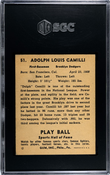 1941 Play Ball Dolph Camilli #51 SGC 4 back of card