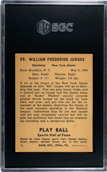 1941 Play Ball Bill Jurges #59 SGC A back of card