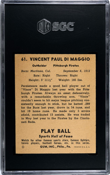 1941 Play Ball Vince Dimaggio #61 SGC 4 back of card