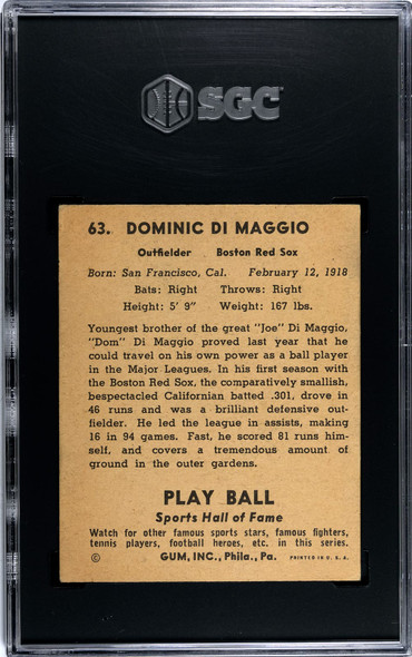 1941 Play Ball Dom Dimaggio #63 SGC 3 back of card