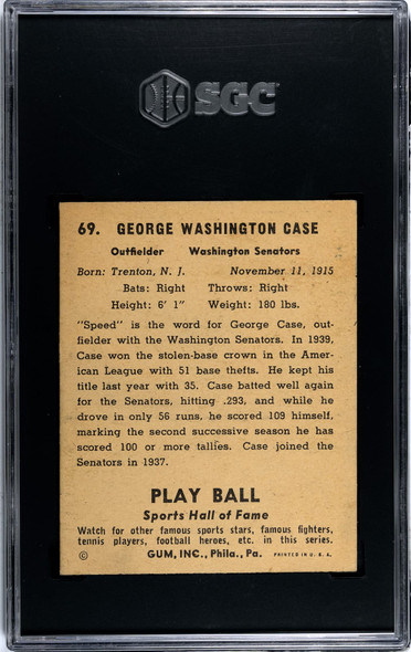 1941 Play Ball George Case #69 SGC 4 back of card