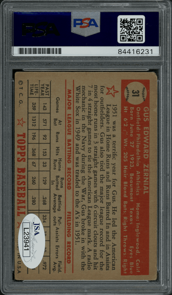 1952 Topps Gus Zernial Red Back #31 PSA Authentic Auto back of card