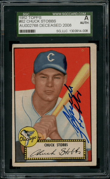 1952 Topps Chuck Stobbs Black Back #62 SGC Authentic Auto front of card