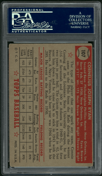 1952 Topps Connie Ryan #107 PSA Authentic Auto back of card