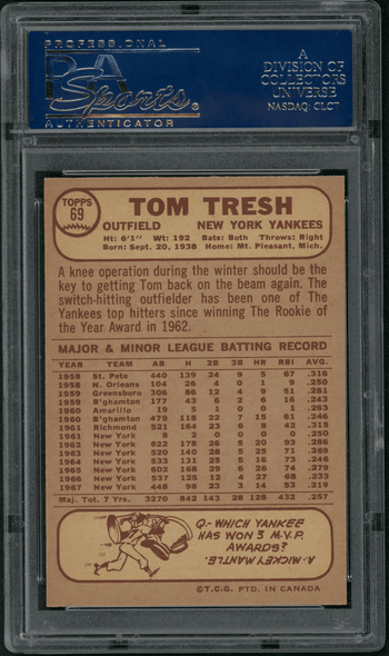 1968 O-Pee-Chee Tom Tresh #69 PSA 9 back of card