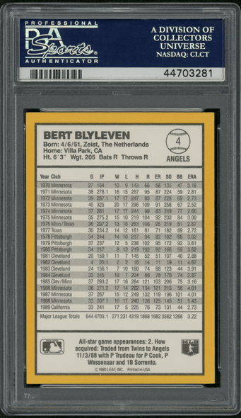 1990 Donruss Bert Blyleven #4 Best Of The AL PSA 10 back of card