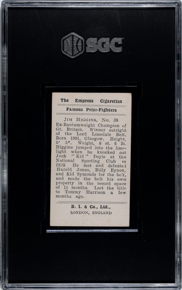 1923 B.I. & Co., Ltd. Jim Higgins #38 Famous Prize-Fighters SGC 5 back of card