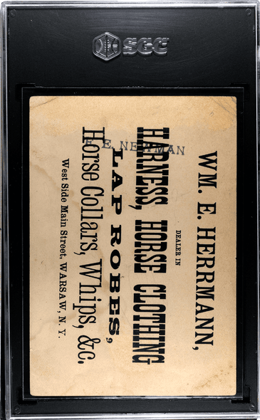 1880's H804-7 Merchant's Gargling Oil Something Must Be Done Blue & Yellow, Backstamp WM. E. Herrmann Dealer in Harness, Horse SGC 1 back of card