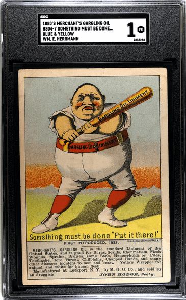 1880's H804-7 Merchant's Gargling Oil Something Must Be Done Blue & Yellow, Backstamp WM. E. Herrmann Dealer in Harness, Horse SGC 1 front of card