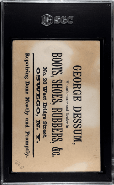 1880's H804-7 Merchant's Gargling Oil Struck Out Blue & Yellow George Dessum Boots, Shoes & Rubbers SGC 1.5 back of card