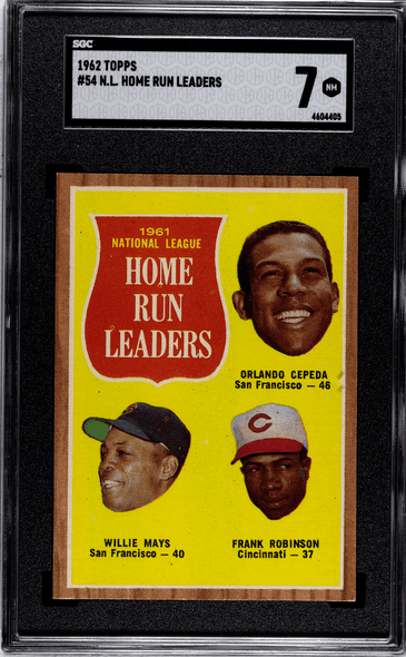 1962 Topps Orlando Cepeda, Willie Mays, Frank Robinson N.L. Home Run Leaders #54 SGC 7 front of card