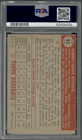 1952 Topps Bob Kuzava On-Card Autograph #85 PSA Authentic back of card