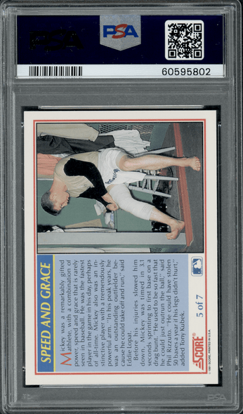 1991 Score Mickey Mantle Mickey Mantle Speed and Grace PSA 10 back of card