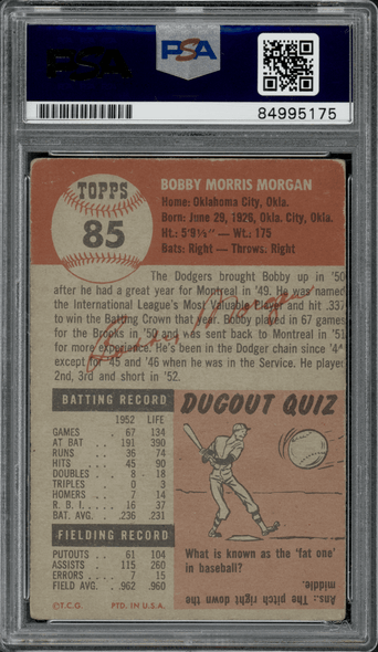 1953 Topps Bobby Morgan #85 PSA Authentic Auto back of card