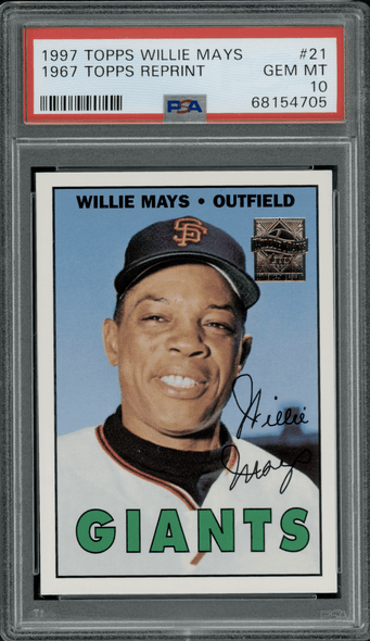 1997 Topps Willie Mays 1967 Topps Reprint #21 Willie Mays Commemorative Set PSA 10 front of card